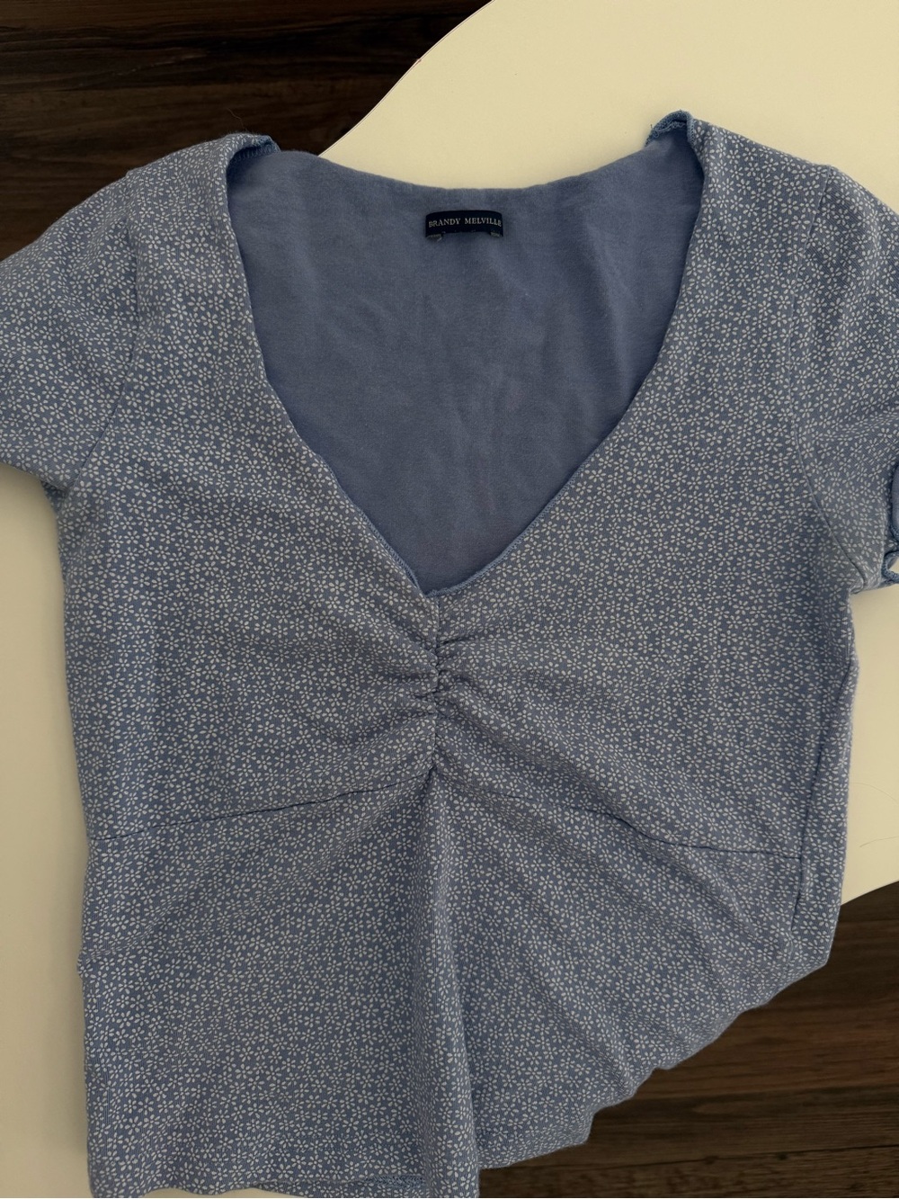 Brandy Melville Light Blue Ditsy Ruched V-Neck Tee
